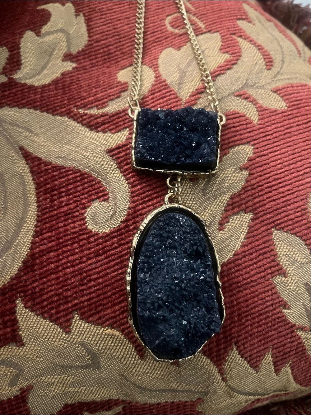 Gold-Tone Navy Druzy Double Pendant Necklace - Women Jewelry